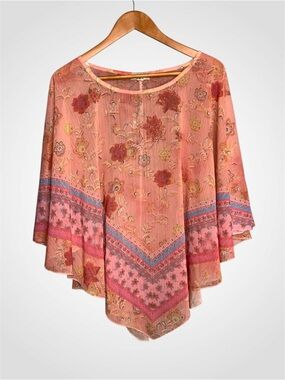 ONE WORLD Coral Floral Boho Handkerchief Poncho Sheer Blouse One Size
